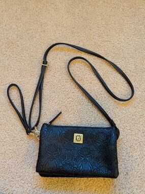 Stone Mountain Accessories Black Embossed Floral Crossbody with Gold Hardware